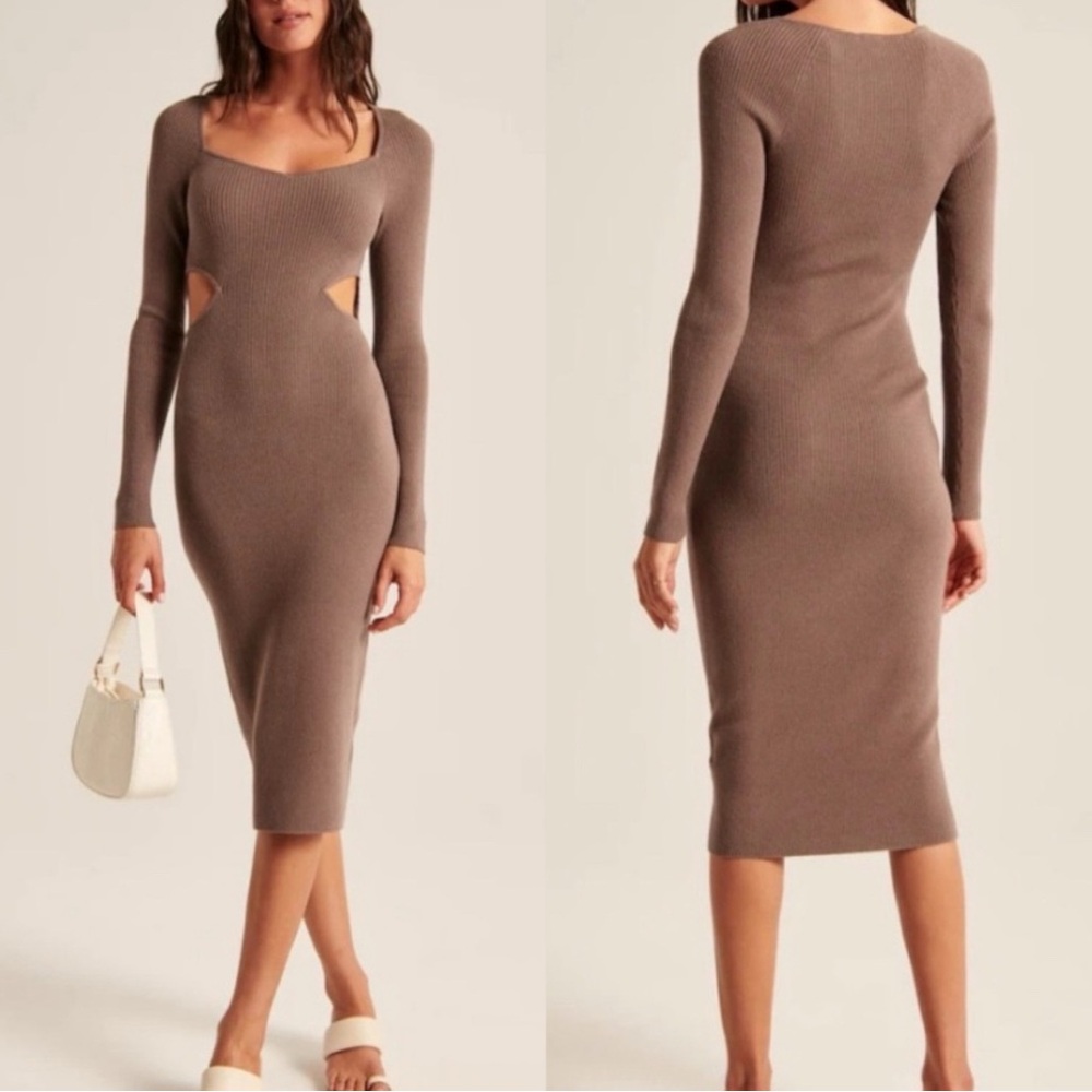 Abercrombie & Fitch Cut Out Ribbed Knit Long Sleeve Midi Dress